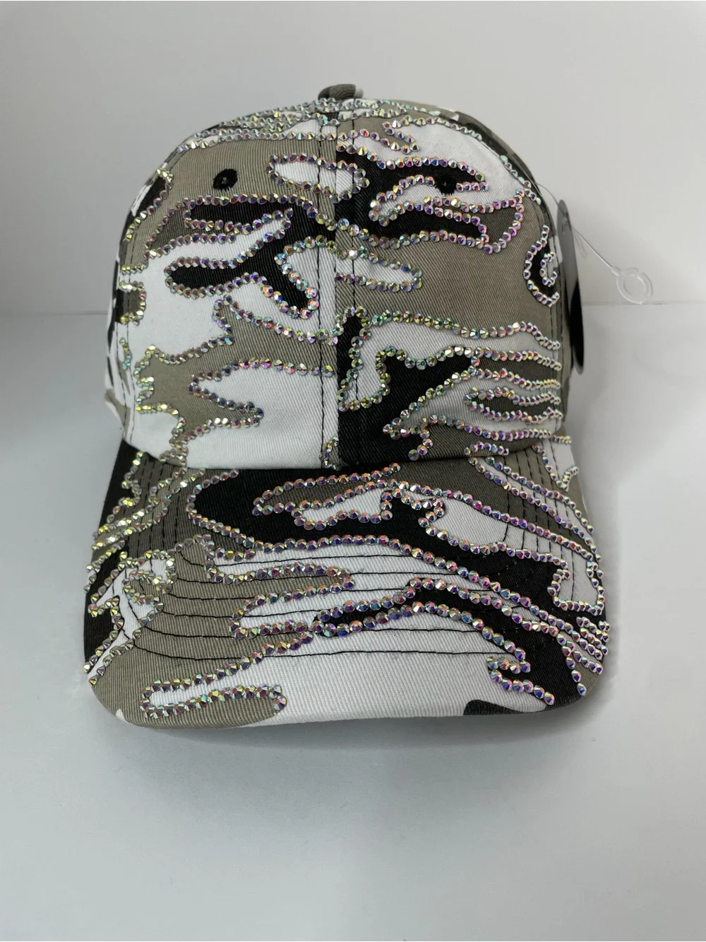 Custom Embellished Camo Baseball Cap - White, Black & Gray